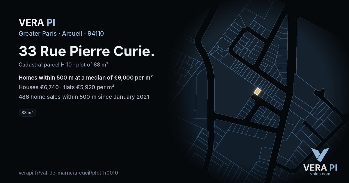 33 Rue Pierre Curie, Arcueil at night – the plot lit, the parcels around coloured by the prices near them