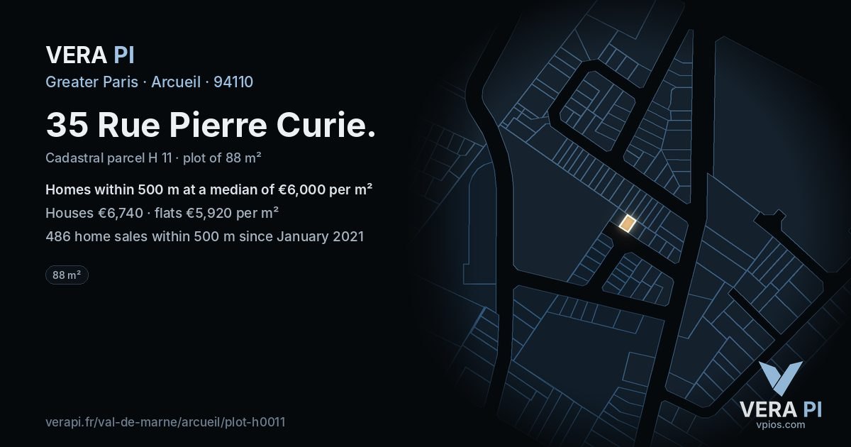 35 Rue Pierre Curie, Arcueil at night – the plot lit, the parcels around coloured by the prices near them