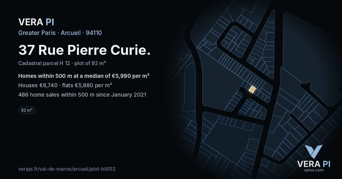 37 Rue Pierre Curie, Arcueil at night – the plot lit, the parcels around coloured by the prices near them