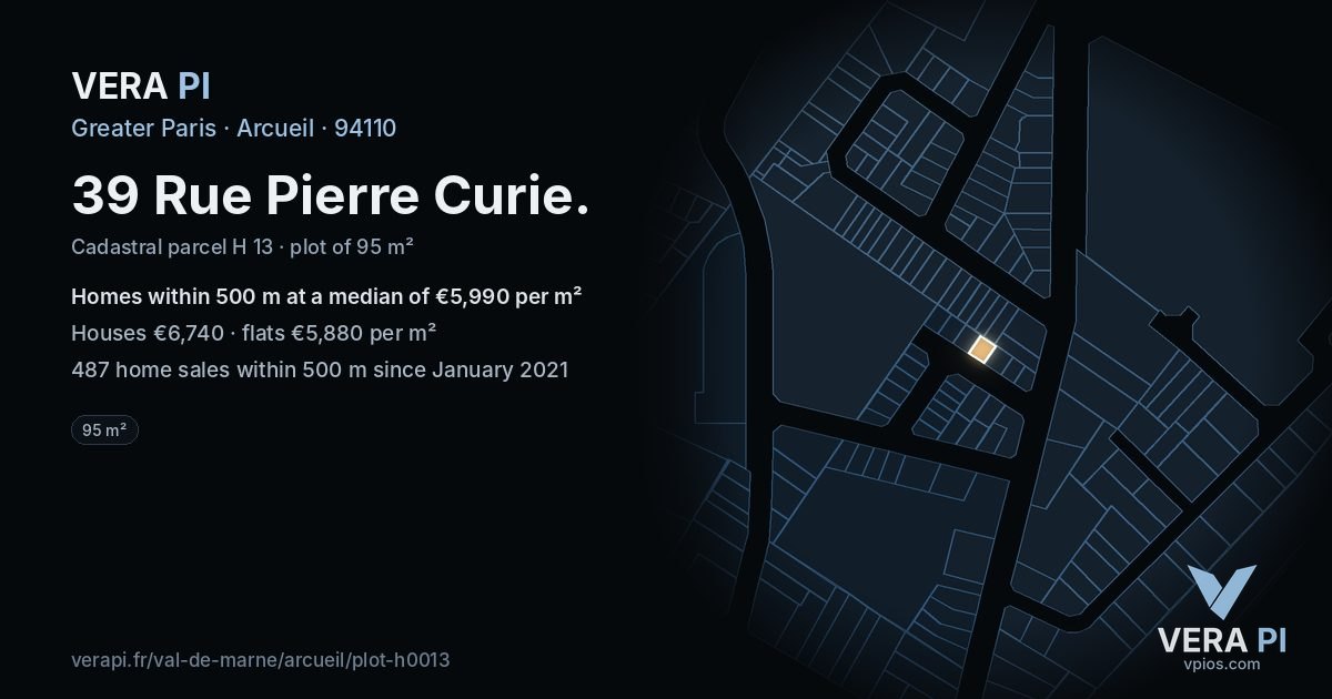 39 Rue Pierre Curie, Arcueil at night – the plot lit, the parcels around coloured by the prices near them