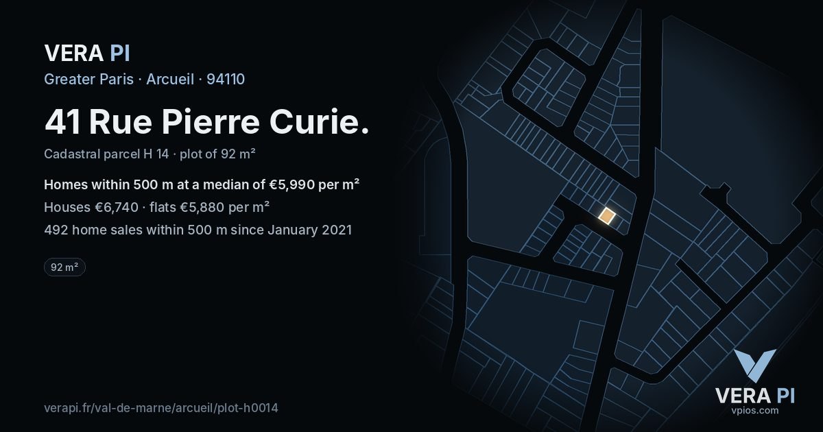 41 Rue Pierre Curie, Arcueil at night – the plot lit, the parcels around coloured by the prices near them
