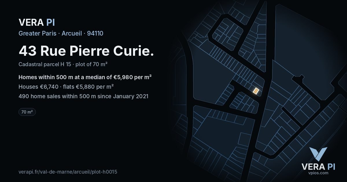 43 Rue Pierre Curie, Arcueil at night – the plot lit, the parcels around coloured by the prices near them
