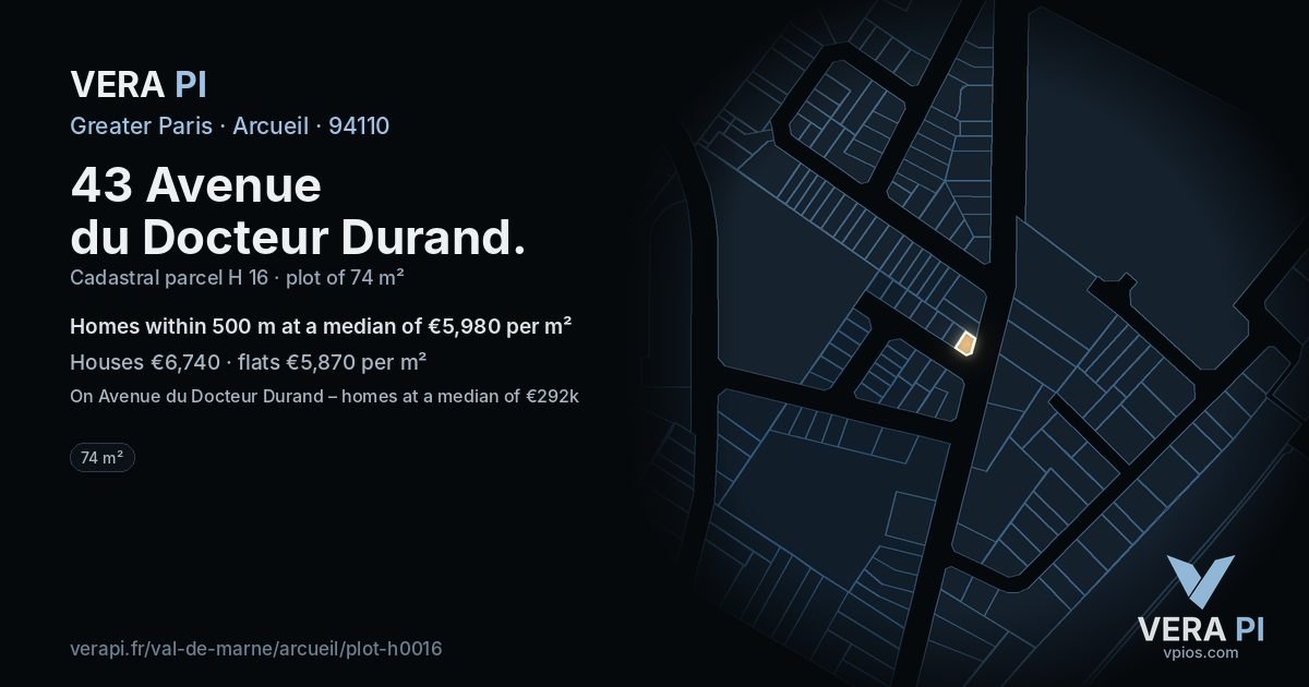 43 Avenue du Docteur Durand, Arcueil at night – the plot lit, the parcels around coloured by the prices near them