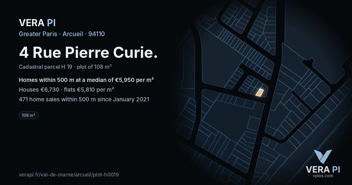 4 Rue Pierre Curie, Arcueil at night – the plot lit, the parcels around coloured by the prices near them