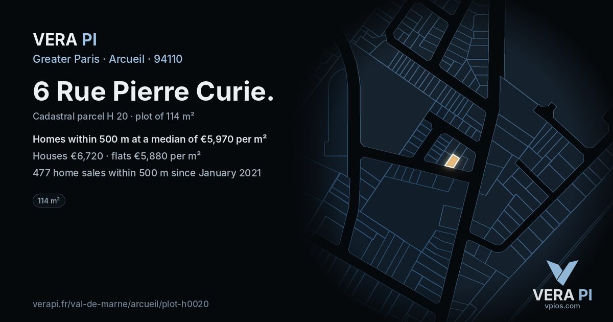 6 Rue Pierre Curie, Arcueil at night – the plot lit, the parcels around coloured by the prices near them