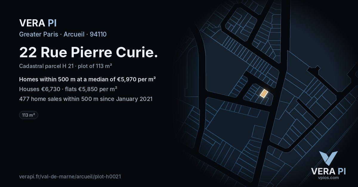 22 Rue Pierre Curie, Arcueil at night – the plot lit, the parcels around coloured by the prices near them