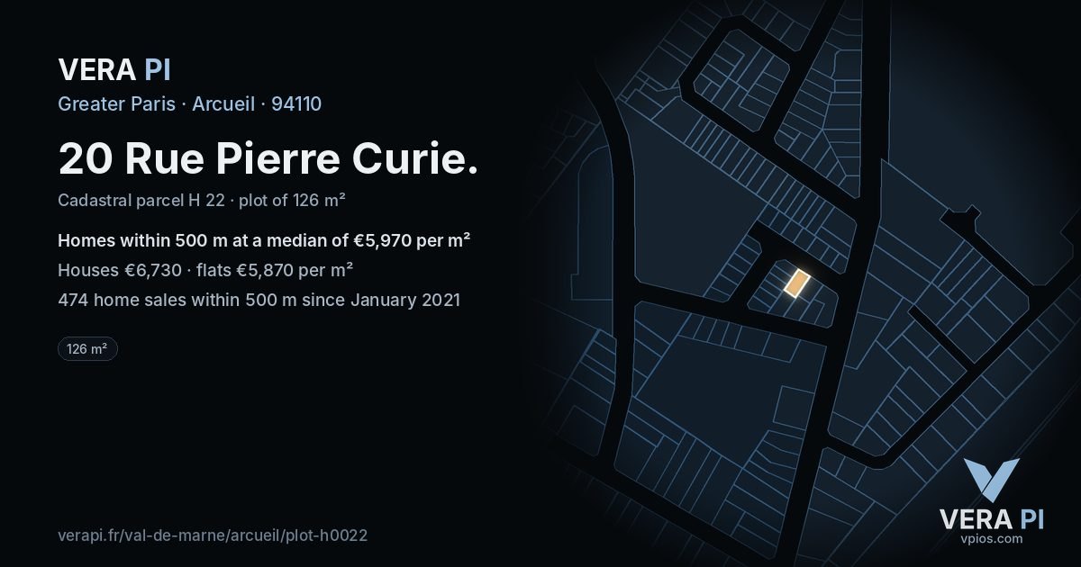 20 Rue Pierre Curie, Arcueil at night – the plot lit, the parcels around coloured by the prices near them