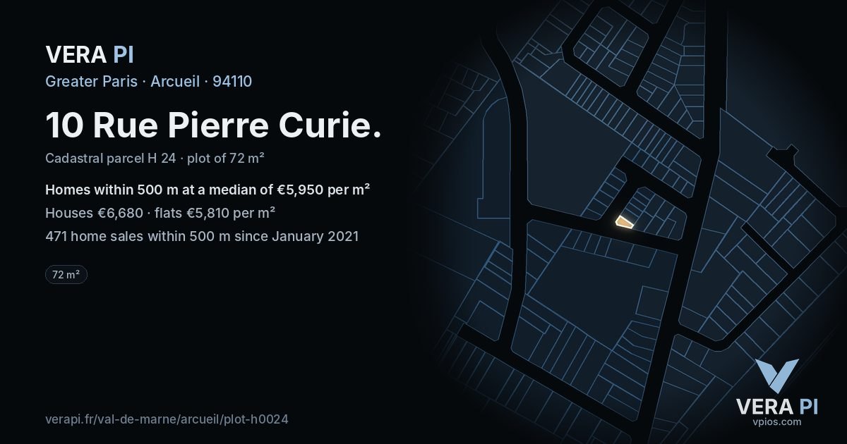 10 Rue Pierre Curie, Arcueil at night – the plot lit, the parcels around coloured by the prices near them