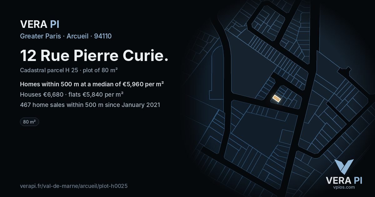 12 Rue Pierre Curie, Arcueil at night – the plot lit, the parcels around coloured by the prices near them