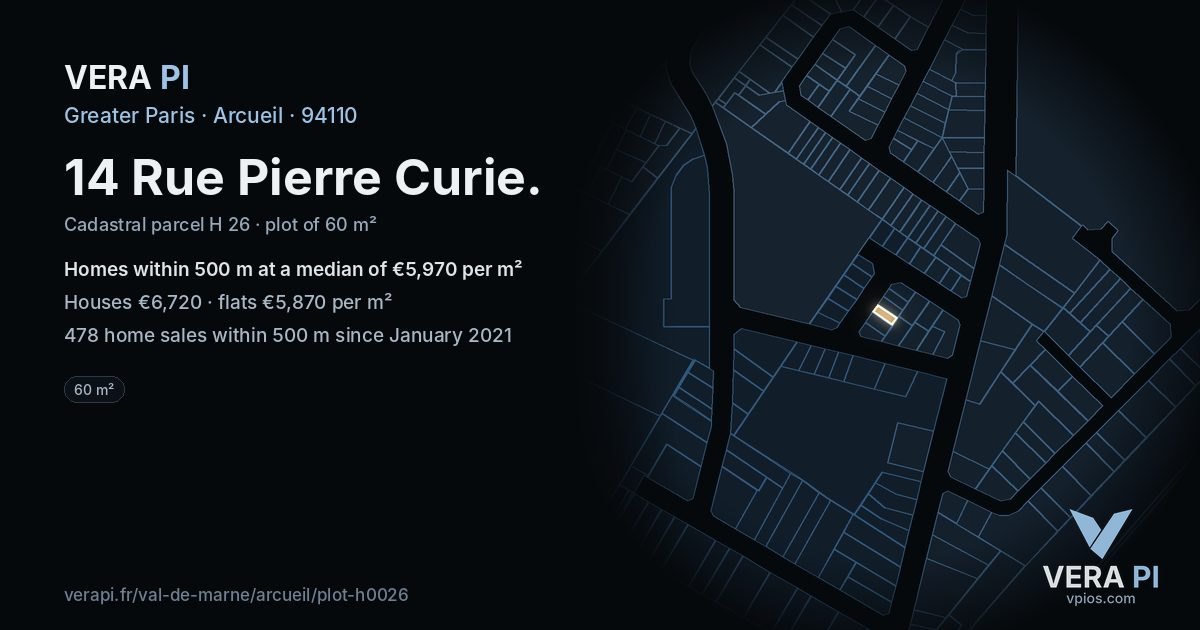 14 Rue Pierre Curie, Arcueil at night – the plot lit, the parcels around coloured by the prices near them