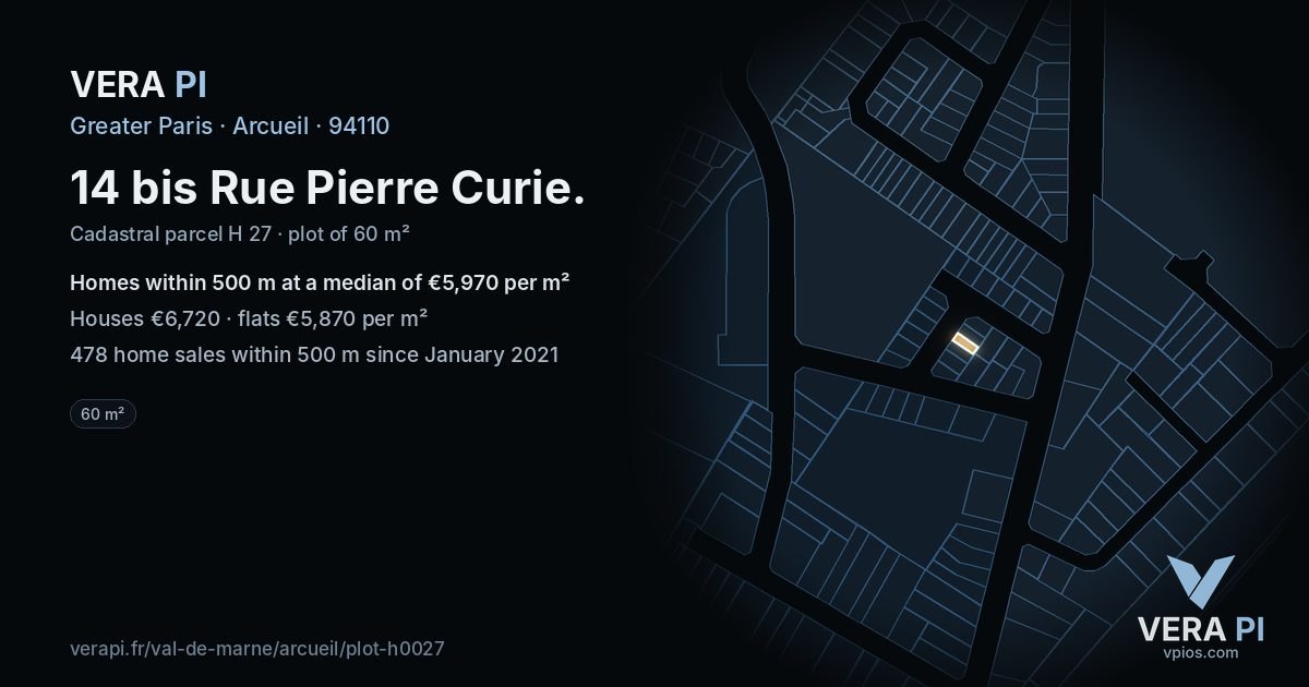 14 bis Rue Pierre Curie, Arcueil at night – the plot lit, the parcels around coloured by the prices near them