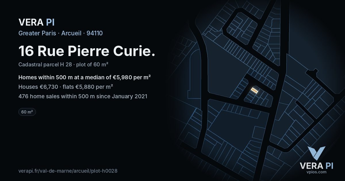 16 Rue Pierre Curie, Arcueil at night – the plot lit, the parcels around coloured by the prices near them