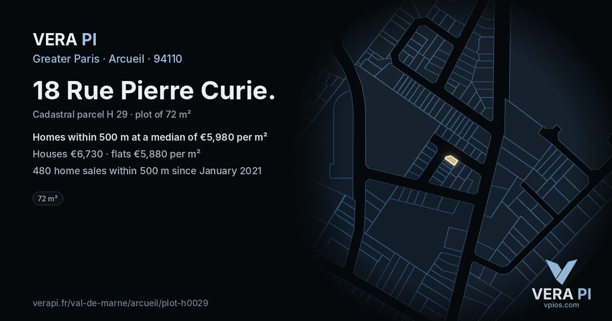18 Rue Pierre Curie, Arcueil at night – the plot lit, the parcels around coloured by the prices near them