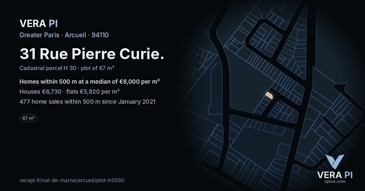 31 Rue Pierre Curie, Arcueil at night – the plot lit, the parcels around coloured by the prices near them