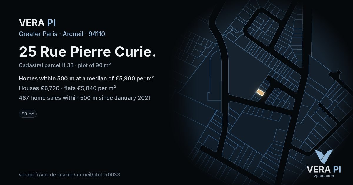 25 Rue Pierre Curie, Arcueil at night – the plot lit, the parcels around coloured by the prices near them