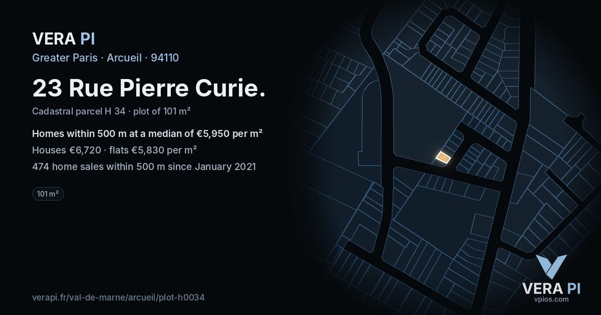 23 Rue Pierre Curie, Arcueil at night – the plot lit, the parcels around coloured by the prices near them