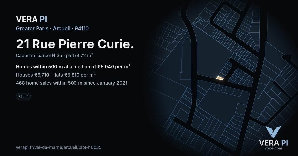 21 Rue Pierre Curie, Arcueil at night – the plot lit, the parcels around coloured by the prices near them