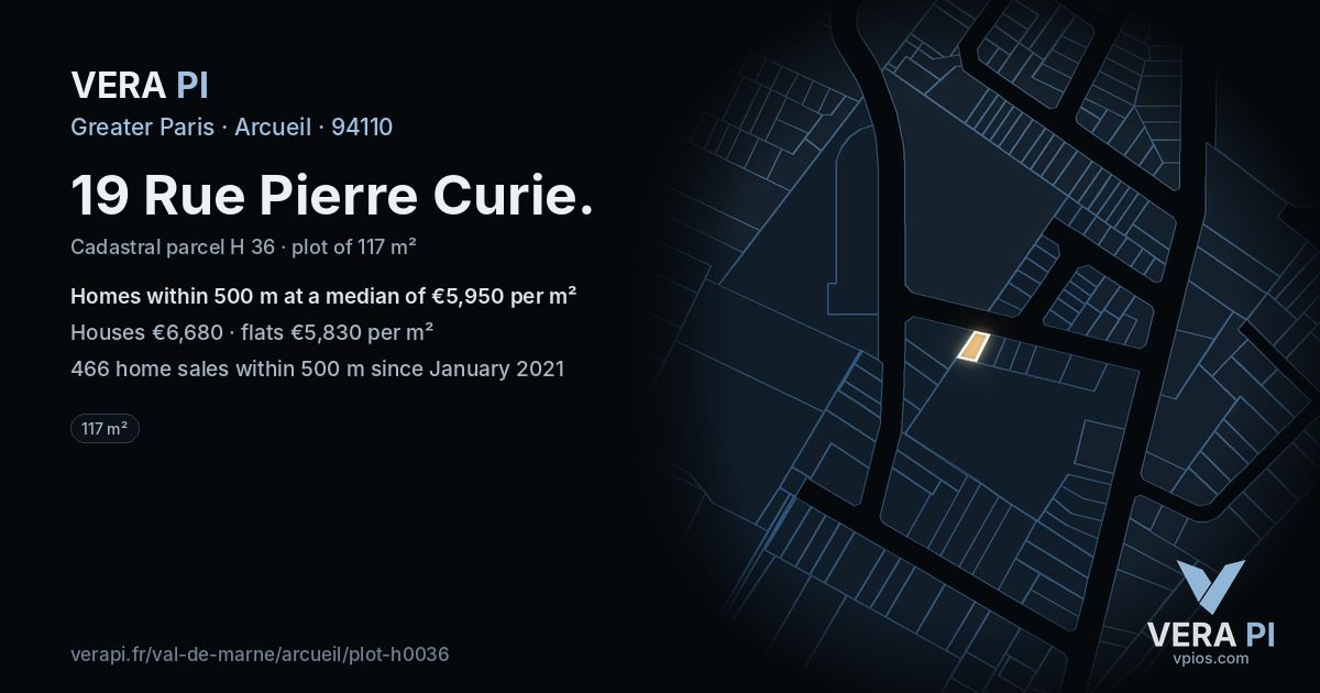 19 Rue Pierre Curie, Arcueil at night – the plot lit, the parcels around coloured by the prices near them