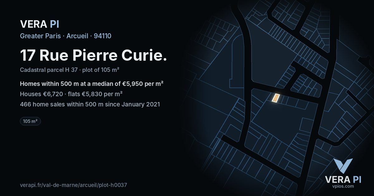 17 Rue Pierre Curie, Arcueil at night – the plot lit, the parcels around coloured by the prices near them