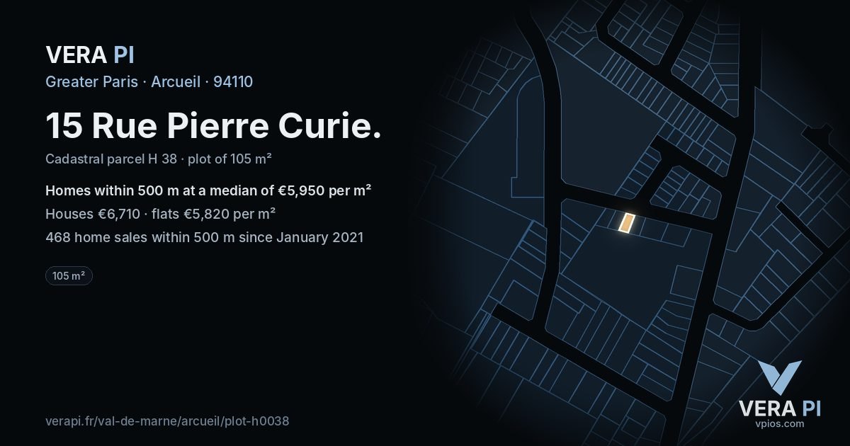 15 Rue Pierre Curie, Arcueil at night – the plot lit, the parcels around coloured by the prices near them