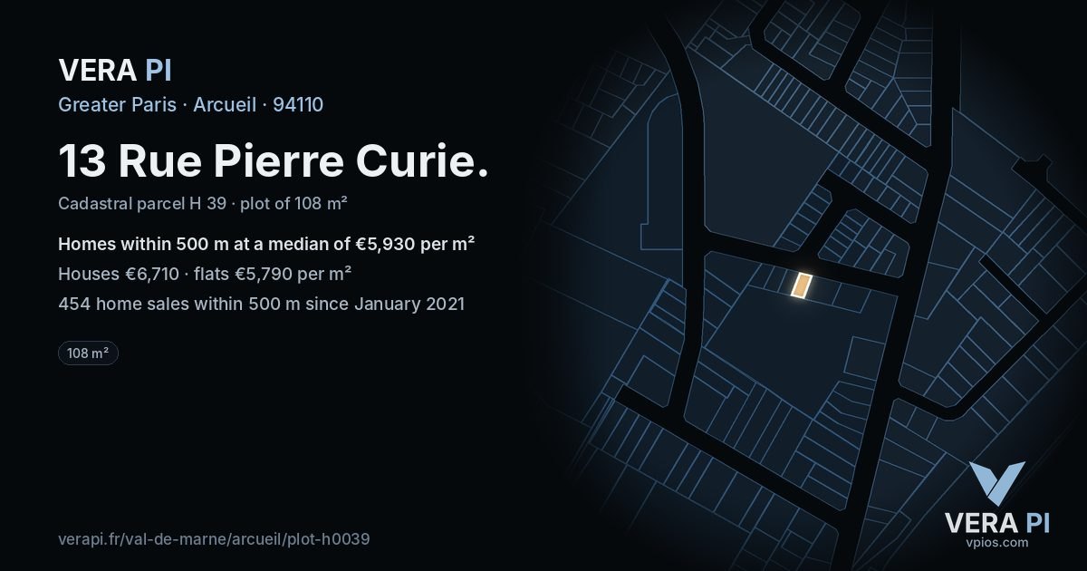 13 Rue Pierre Curie, Arcueil at night – the plot lit, the parcels around coloured by the prices near them