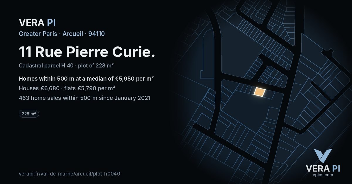 11 Rue Pierre Curie, Arcueil at night – the plot lit, the parcels around coloured by the prices near them