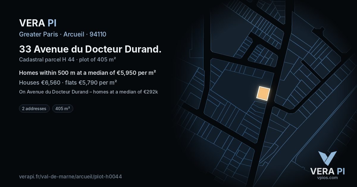 33 Avenue du Docteur Durand, Arcueil at night – the plot lit, the parcels around coloured by the prices near them