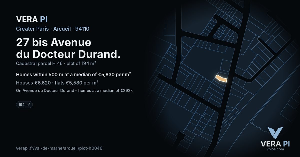 27 bis Avenue du Docteur Durand, Arcueil at night – the plot lit, the parcels around coloured by the prices near them