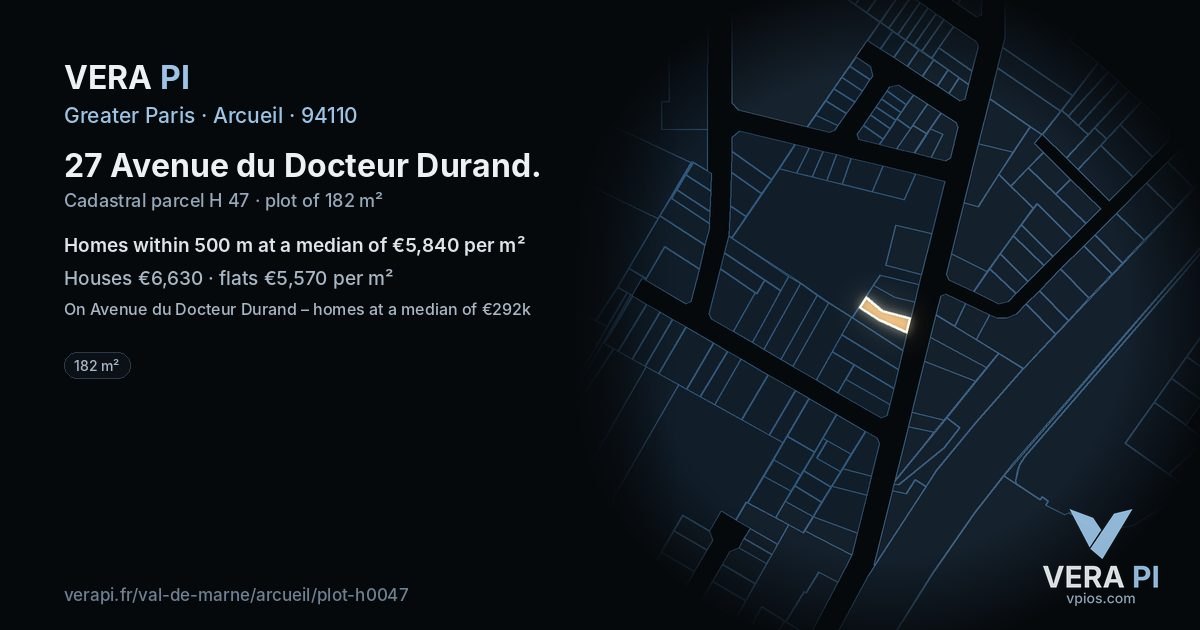 27 Avenue du Docteur Durand, Arcueil at night – the plot lit, the parcels around coloured by the prices near them