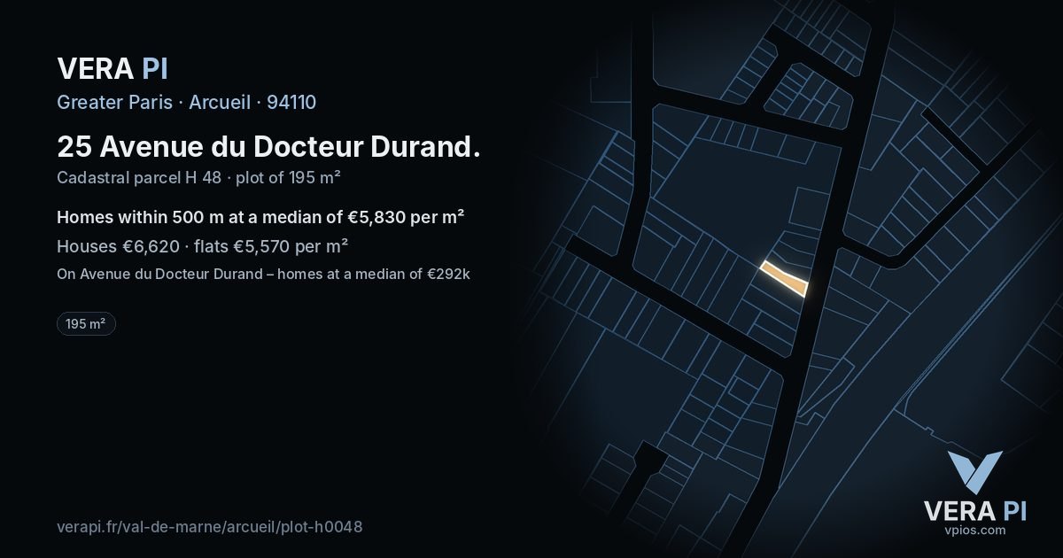 25 Avenue du Docteur Durand, Arcueil at night – the plot lit, the parcels around coloured by the prices near them