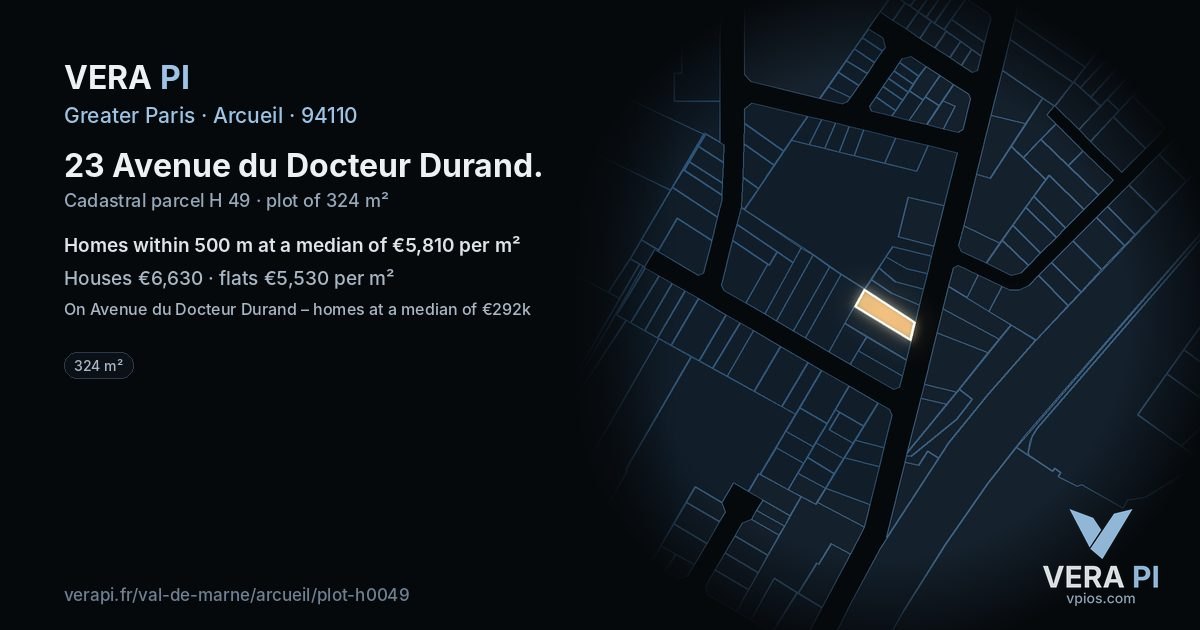 23 Avenue du Docteur Durand, Arcueil at night – the plot lit, the parcels around coloured by the prices near them