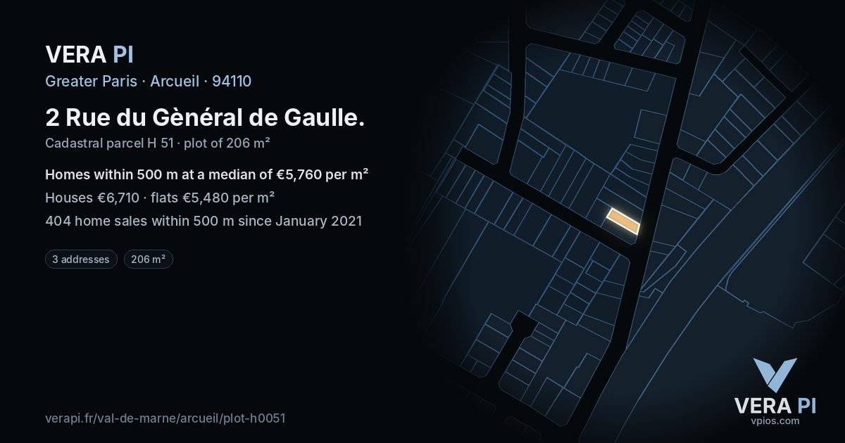 2 Rue du Gènéral de Gaulle, Arcueil at night – the plot lit, the parcels around coloured by the prices near them