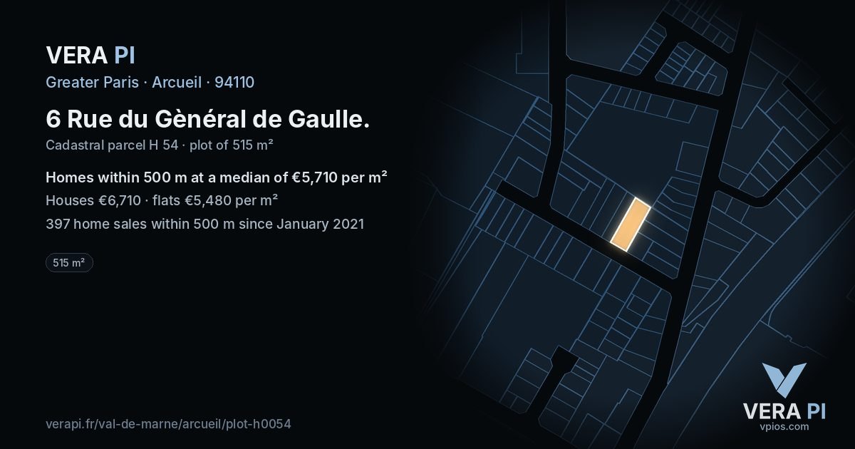6 Rue du Gènéral de Gaulle, Arcueil at night – the plot lit, the parcels around coloured by the prices near them
