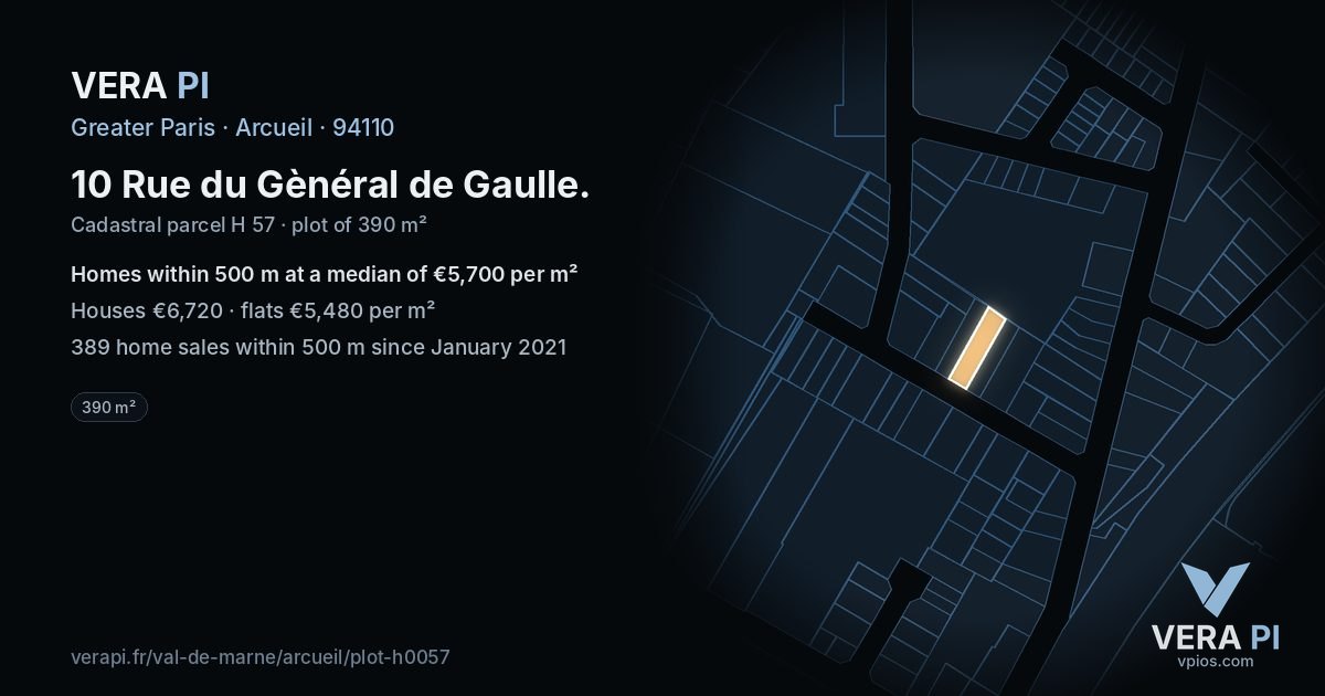 10 Rue du Gènéral de Gaulle, Arcueil at night – the plot lit, the parcels around coloured by the prices near them
