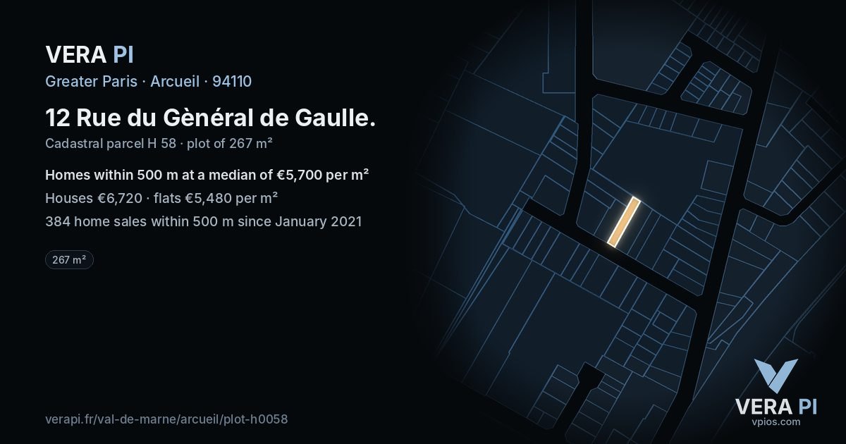 12 Rue du Gènéral de Gaulle, Arcueil at night – the plot lit, the parcels around coloured by the prices near them