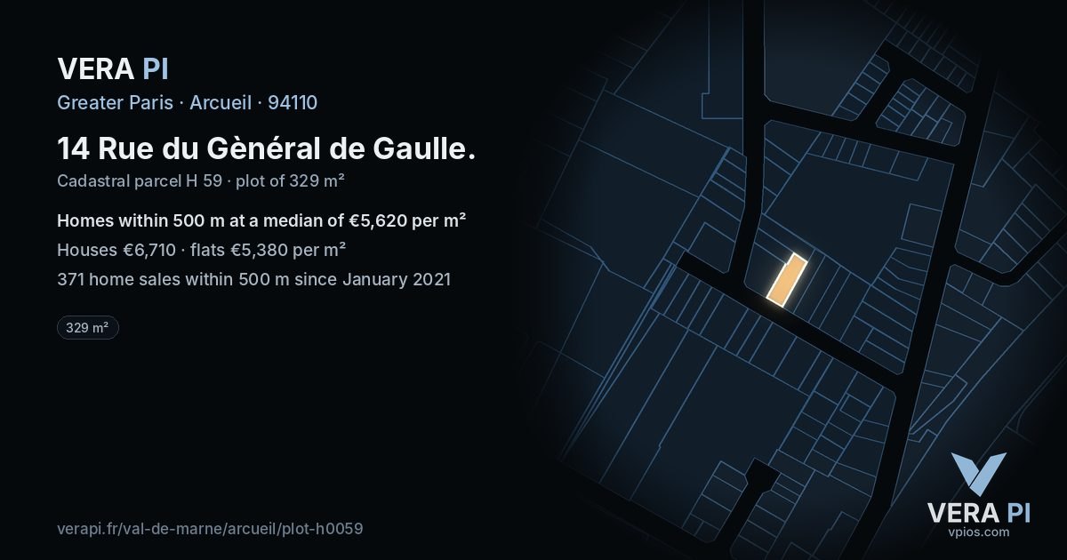 14 Rue du Gènéral de Gaulle, Arcueil at night – the plot lit, the parcels around coloured by the prices near them