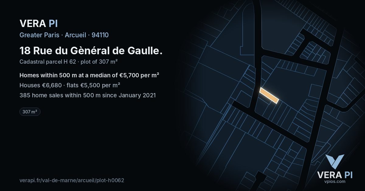 18 Rue du Gènéral de Gaulle, Arcueil at night – the plot lit, the parcels around coloured by the prices near them