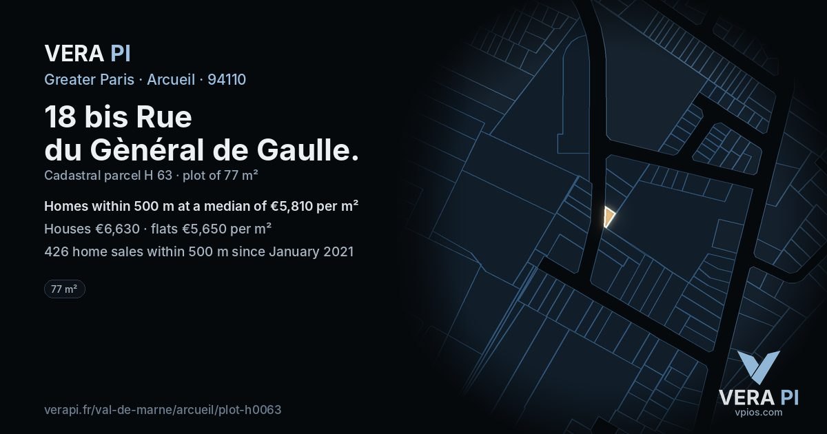 18 bis Rue du Gènéral de Gaulle, Arcueil at night – the plot lit, the parcels around coloured by the prices near them