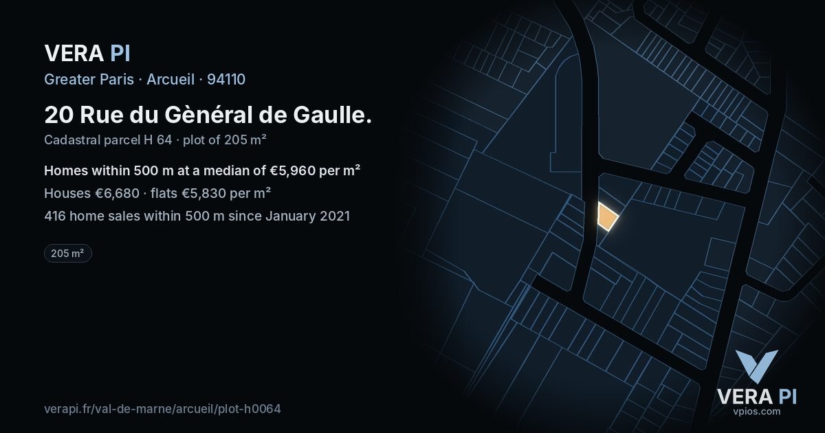 20 Rue du Gènéral de Gaulle, Arcueil at night – the plot lit, the parcels around coloured by the prices near them