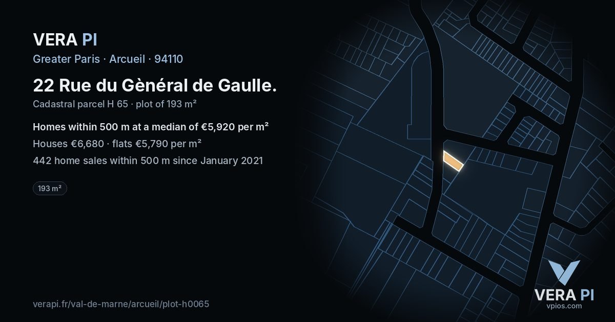 22 Rue du Gènéral de Gaulle, Arcueil at night – the plot lit, the parcels around coloured by the prices near them