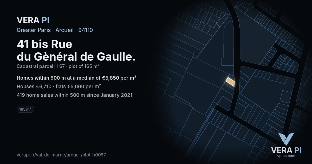 41 bis Rue du Gènéral de Gaulle, Arcueil at night – the plot lit, the parcels around coloured by the prices near them