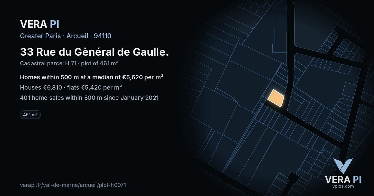 33 Rue du Gènéral de Gaulle, Arcueil at night – the plot lit, the parcels around coloured by the prices near them
