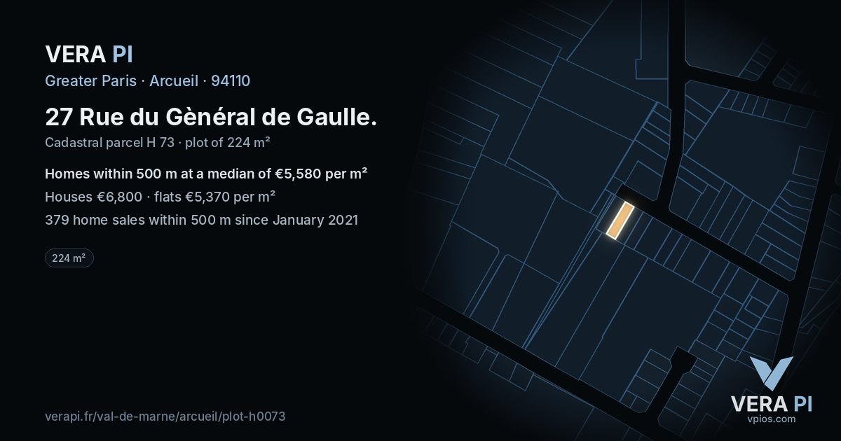 27 Rue du Gènéral de Gaulle, Arcueil at night – the plot lit, the parcels around coloured by the prices near them