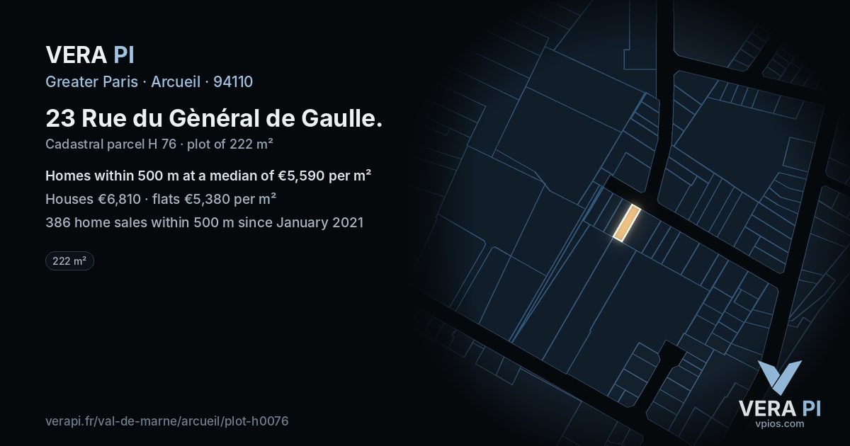 23 Rue du Gènéral de Gaulle, Arcueil at night – the plot lit, the parcels around coloured by the prices near them