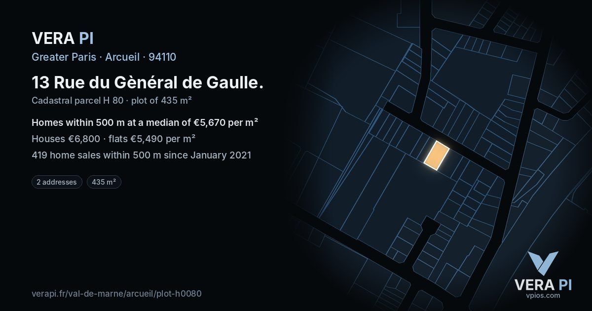 13 Rue du Gènéral de Gaulle, Arcueil at night – the plot lit, the parcels around coloured by the prices near them
