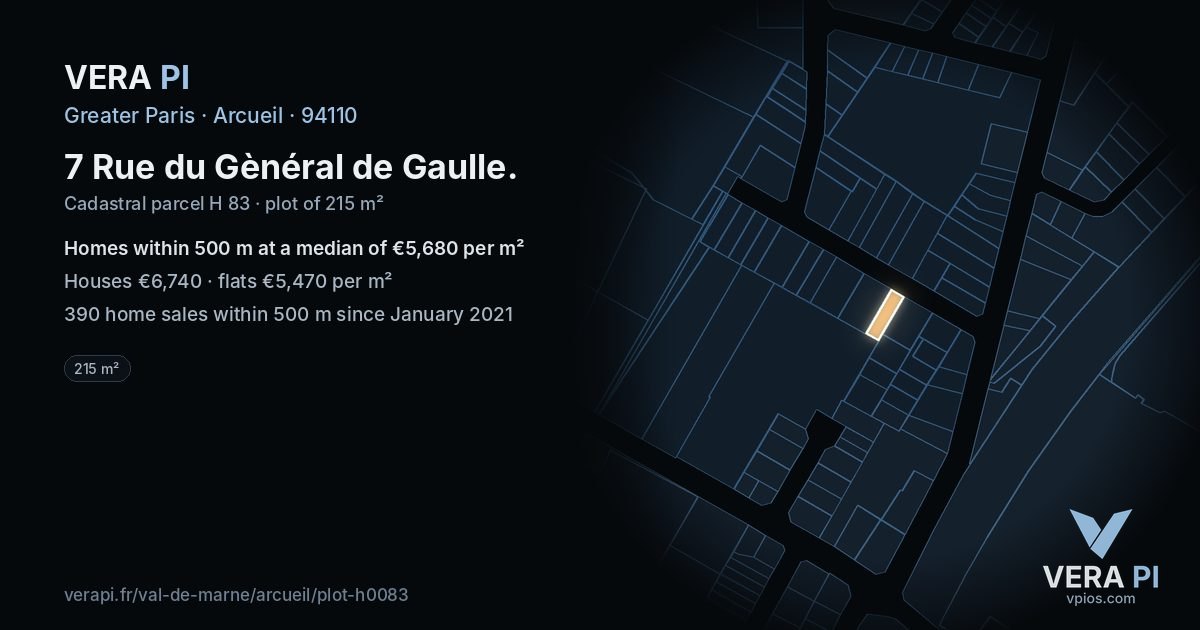 7 Rue du Gènéral de Gaulle, Arcueil at night – the plot lit, the parcels around coloured by the prices near them