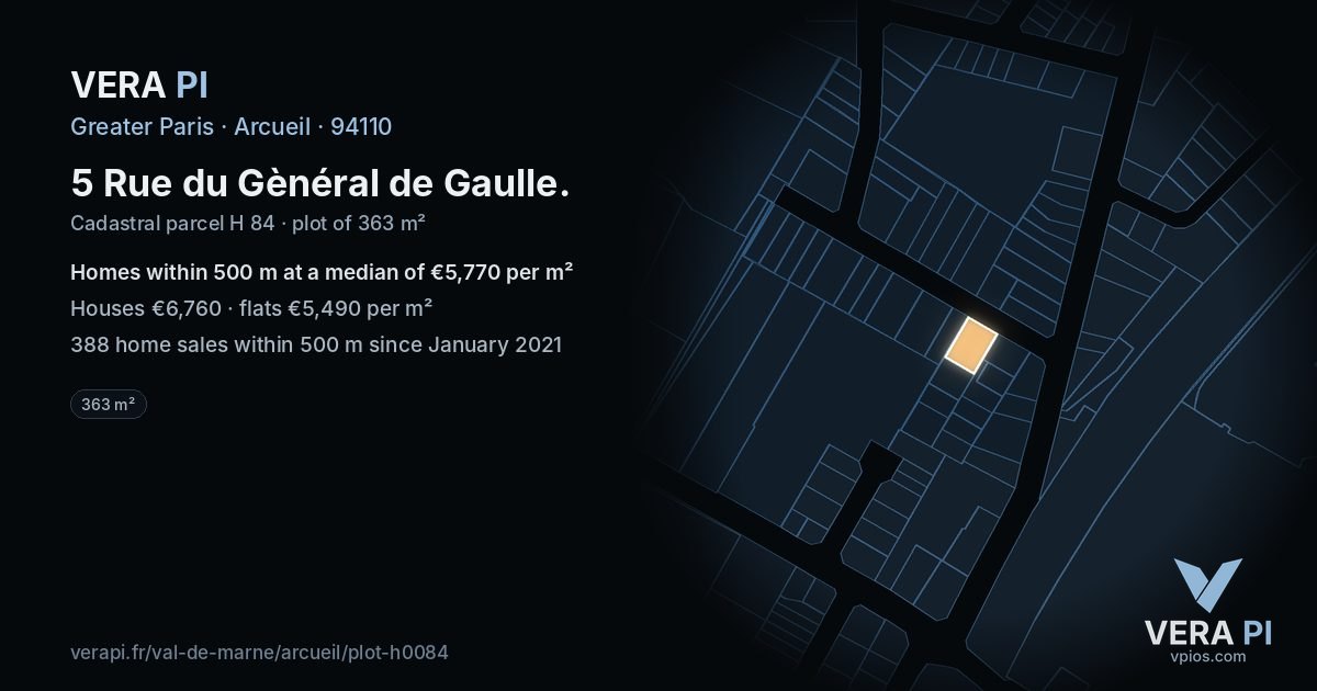 5 Rue du Gènéral de Gaulle, Arcueil at night – the plot lit, the parcels around coloured by the prices near them