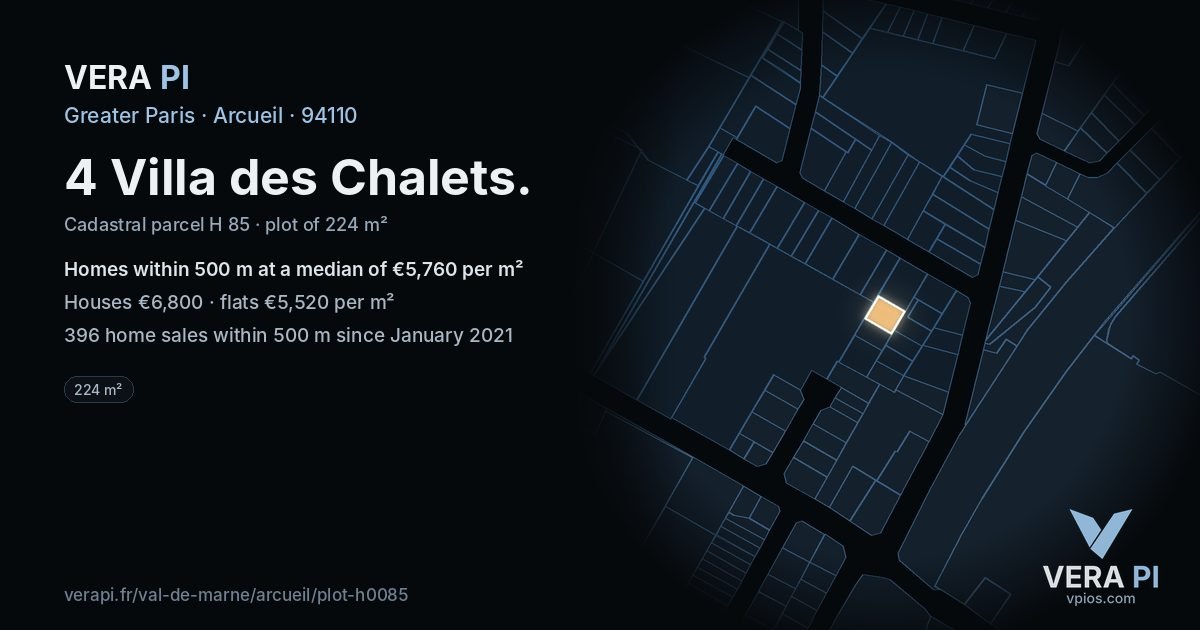 4 Villa des Chalets, Arcueil at night – the plot lit, the parcels around coloured by the prices near them