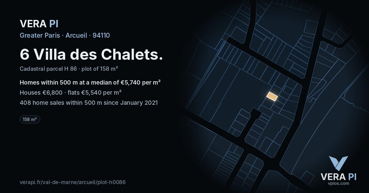 6 Villa des Chalets, Arcueil at night – the plot lit, the parcels around coloured by the prices near them