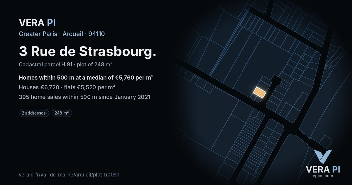 3 Rue de Strasbourg, Arcueil at night – the plot lit, the parcels around coloured by the prices near them